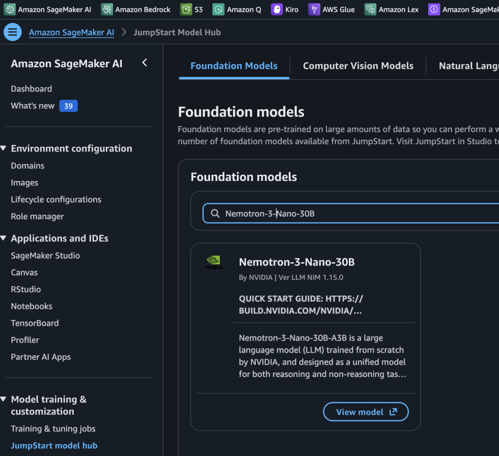 NVIDIA Nemotron 3 Nano 30B MoE model is now available in Amazon SageMaker JumpStart